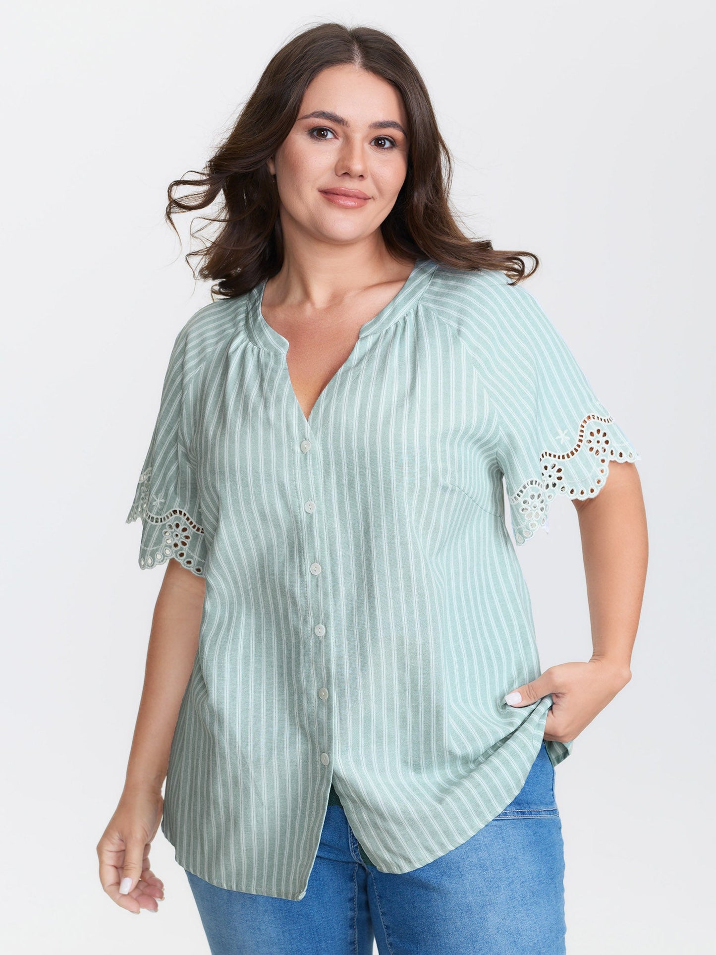 Striped Cut-Out Embroidery Blouse