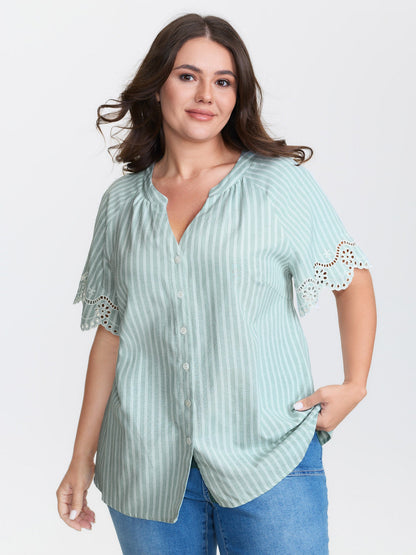 Striped Cut-Out Embroidery Blouse