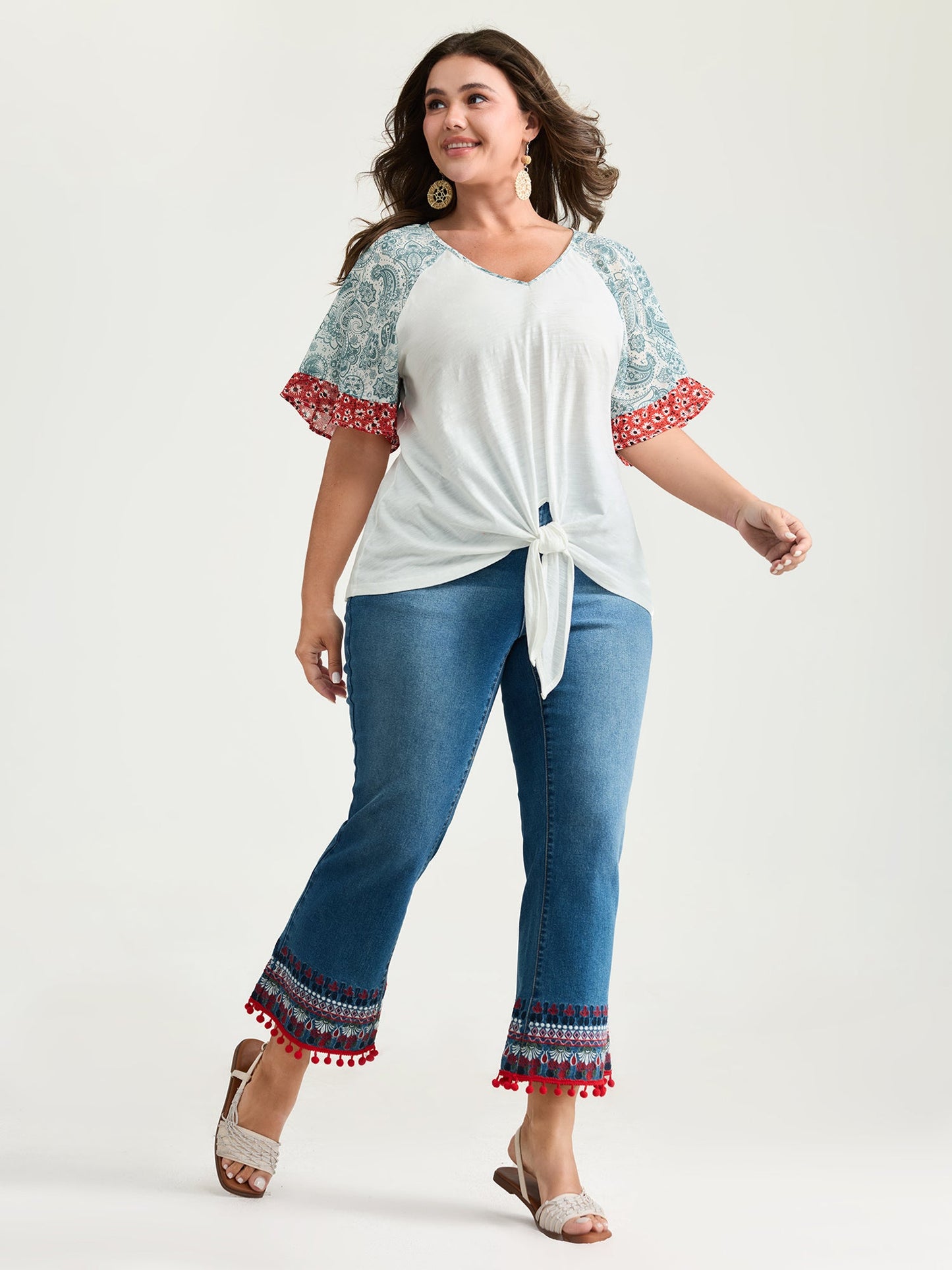 Pure Cotton Floral Sleeve Knotted T-Shirt