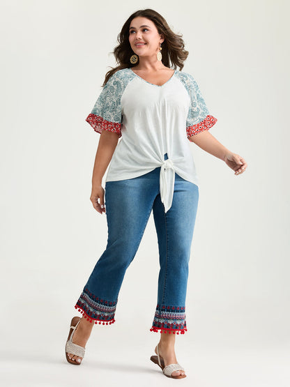 Pure Cotton Floral Sleeve Knotted T-Shirt