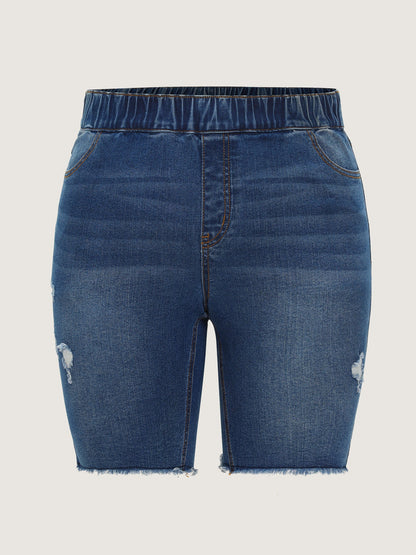 Everyday Elastic Waist Ripped Denim Shorts