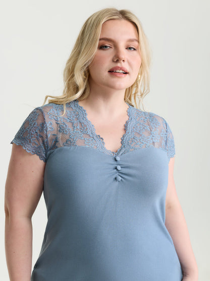 Sheer Lace Neckline Shirred Knit Top