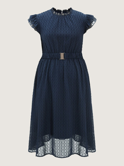 Textured Sheer Ruffled Mock Neckline Midi Dress