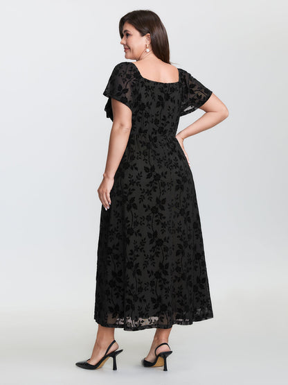 Floral Textured Jacquard Slit Hem Maxi Dress