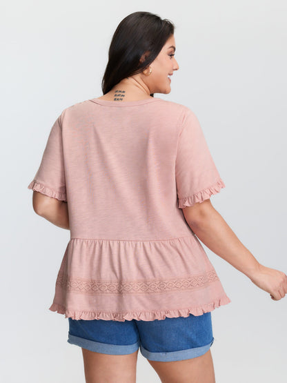 Lace Trim Ruffled Hem Plain Knit Top