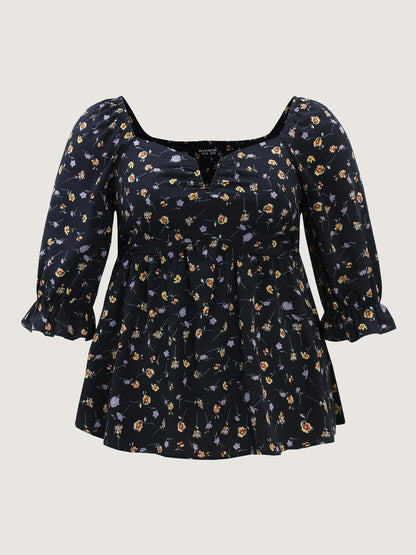 Floral Print Shirred Cuff Sleeve Blouse