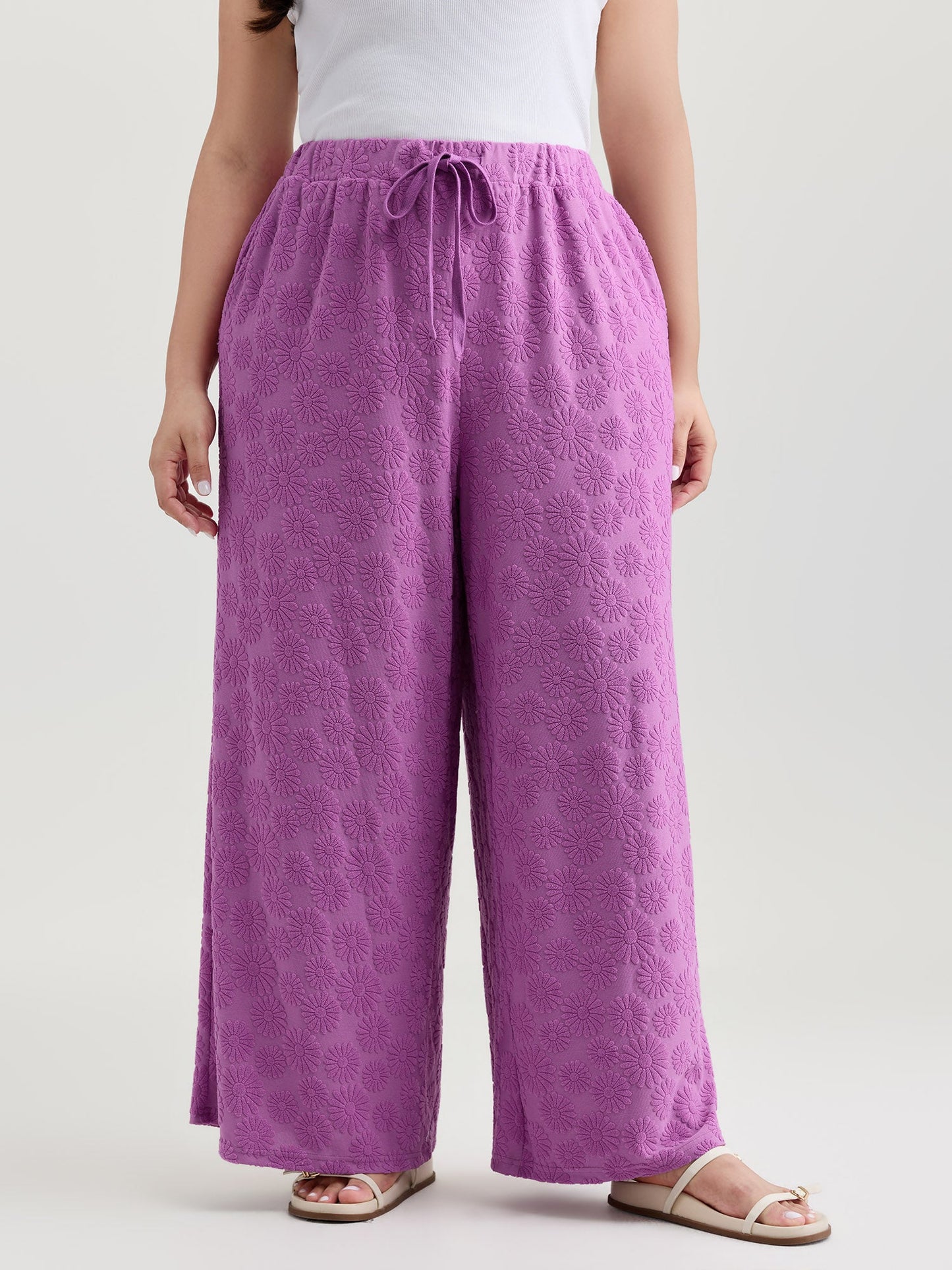 Drawstring Textured Wide-Leg Pants