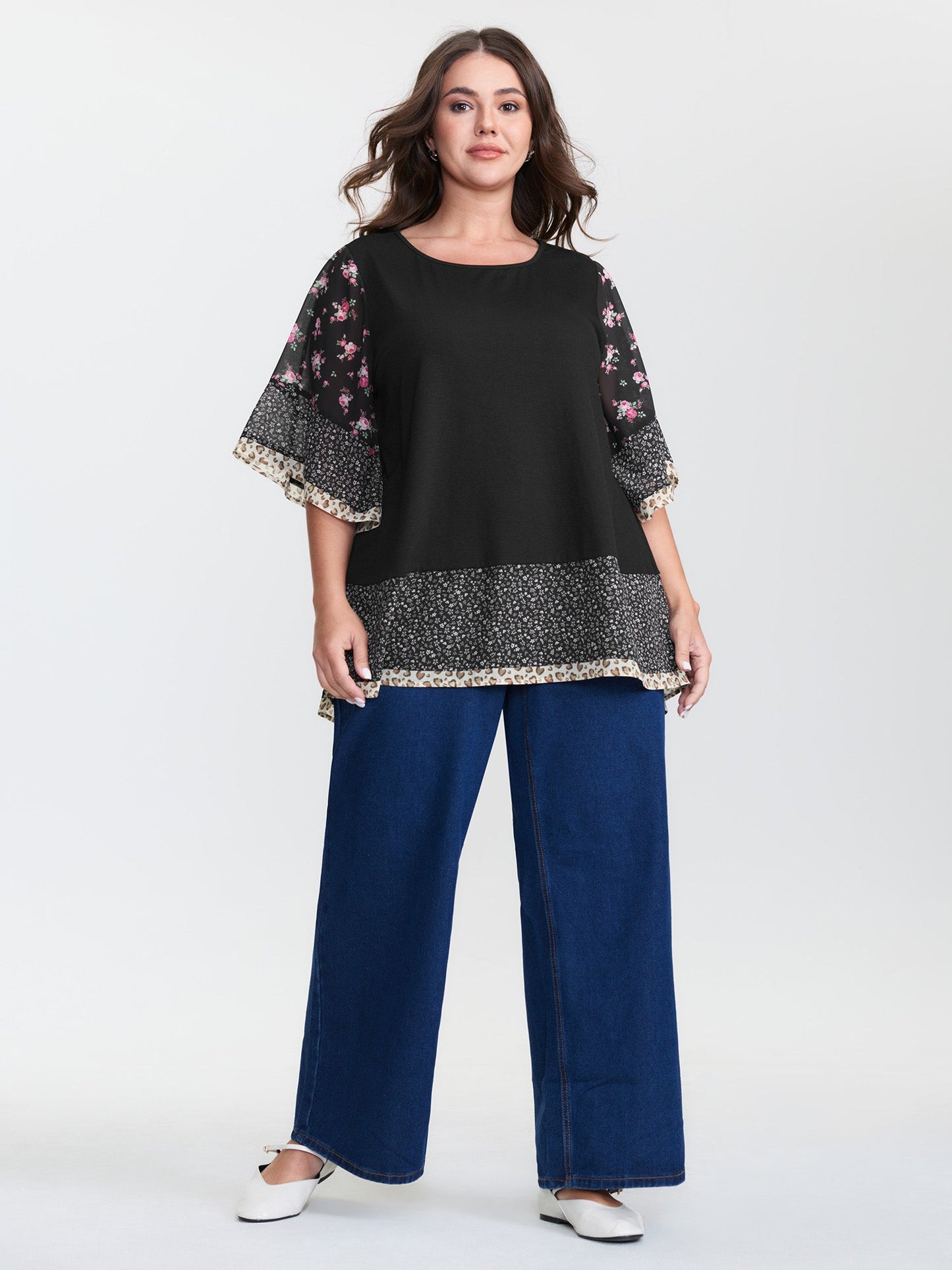 Floral Stretchy Flared Sleeve T-Shirt