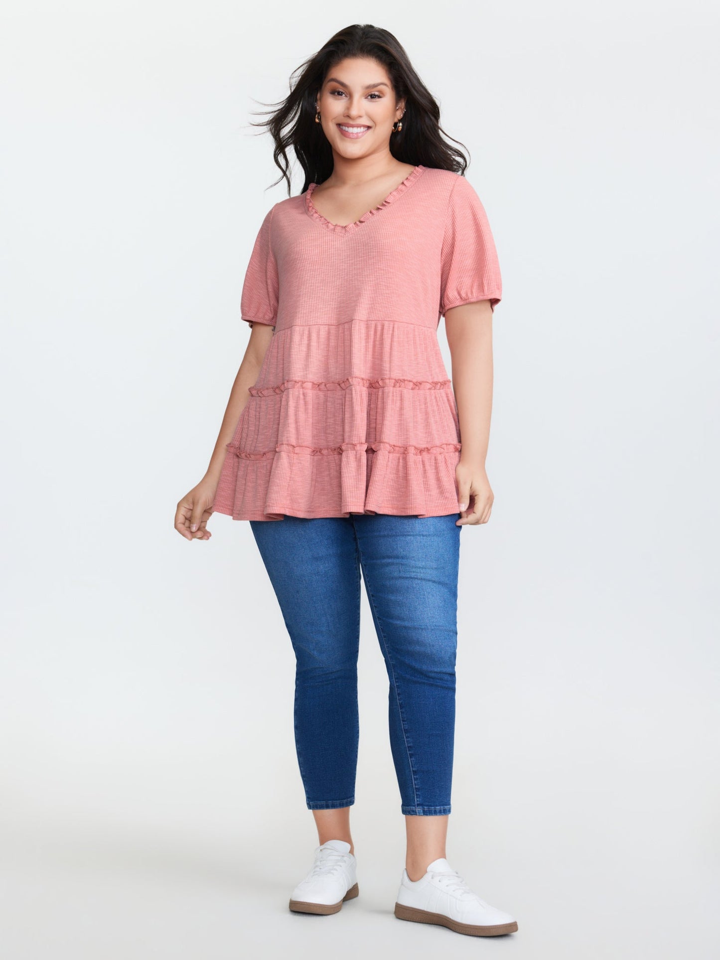 Stretchy Ruffled Neckline Tiered Knit Top