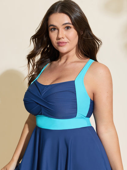 Color Contrast Twist Front Swim Dress
