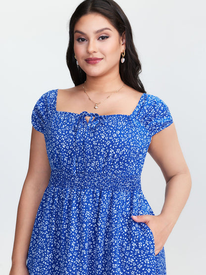 Micro Floral Print Bow-Tie Neckline Mini Dress