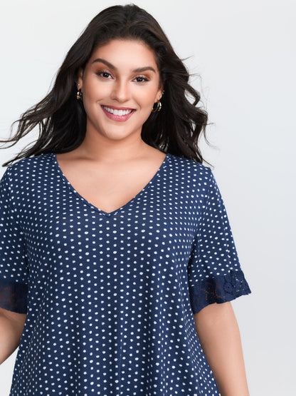 Polka Dots Print Lace Trim Knit Top