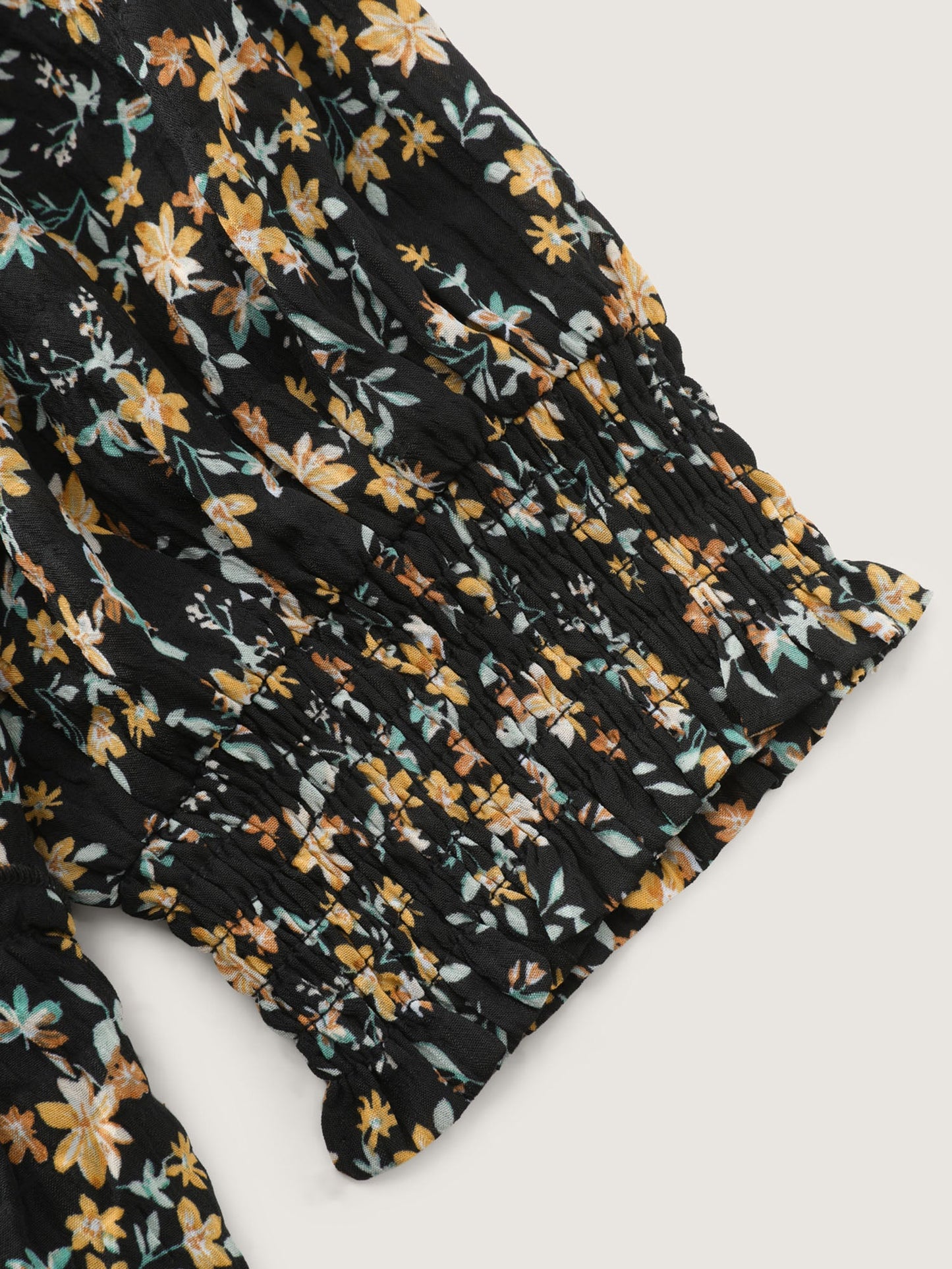 Micro Floral Print Shirred Cuff Mini Dress