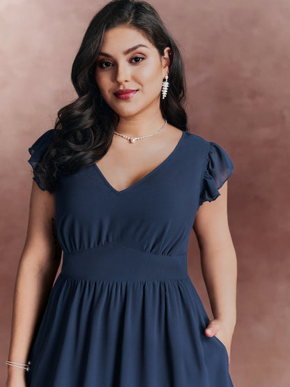 Backless Tie Layered Hem Flutter Sleeve Maxi Dress