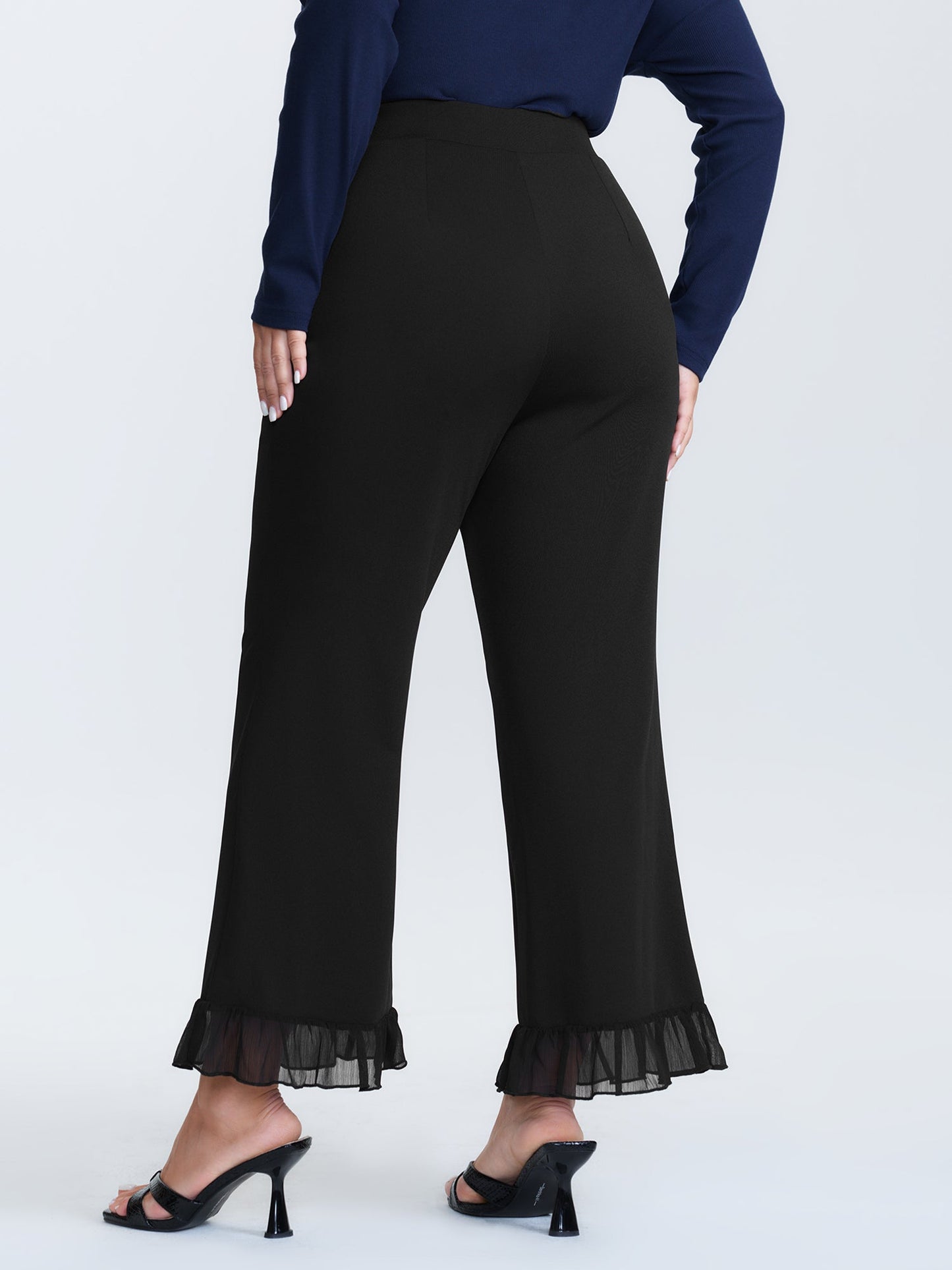 Ruffled Flared Hem Plain Pants