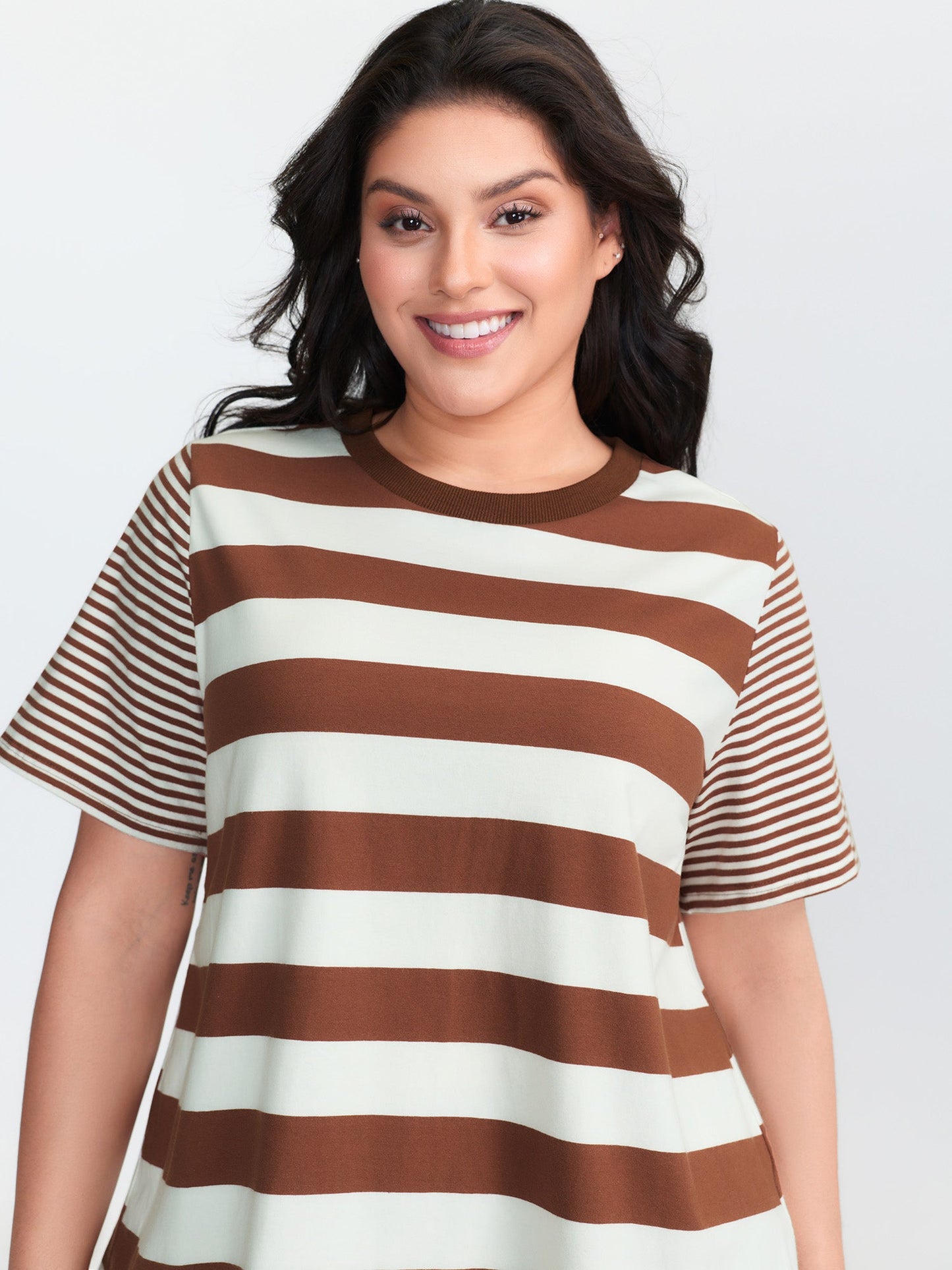 Cotton Striped Print Spliced Round Neck T-Shirt