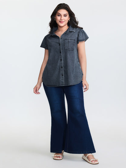 Stretchy Lotus Leaf Sleeve Denim Top