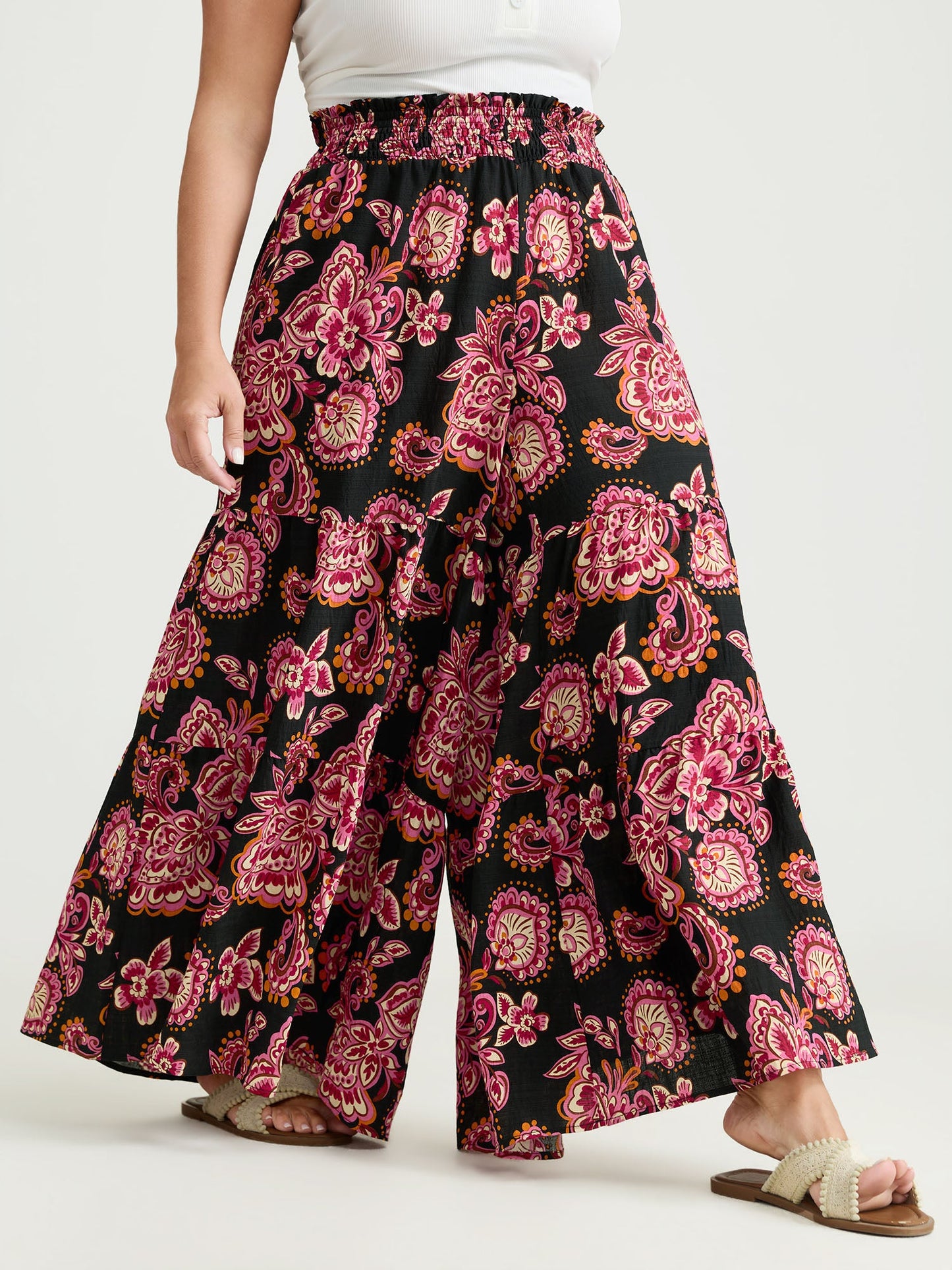 Large Floral Print Wide Shirred Waistband Pants