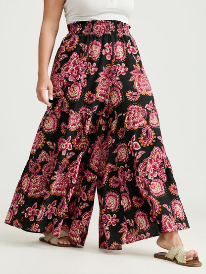 Large Floral Print Wide Shirred Waistband Pants