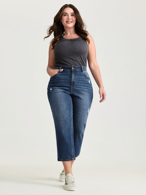 No-Gap Waist Distressed Cropped Jeans