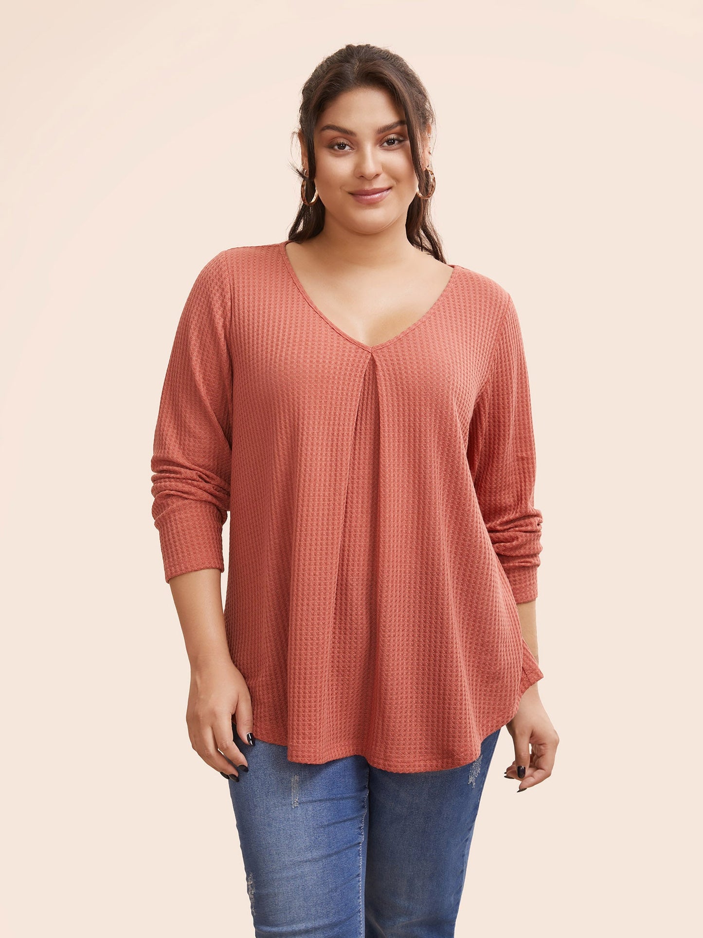 Plain Waffle Knit Scoop Neck Plicated Detail T-shirt