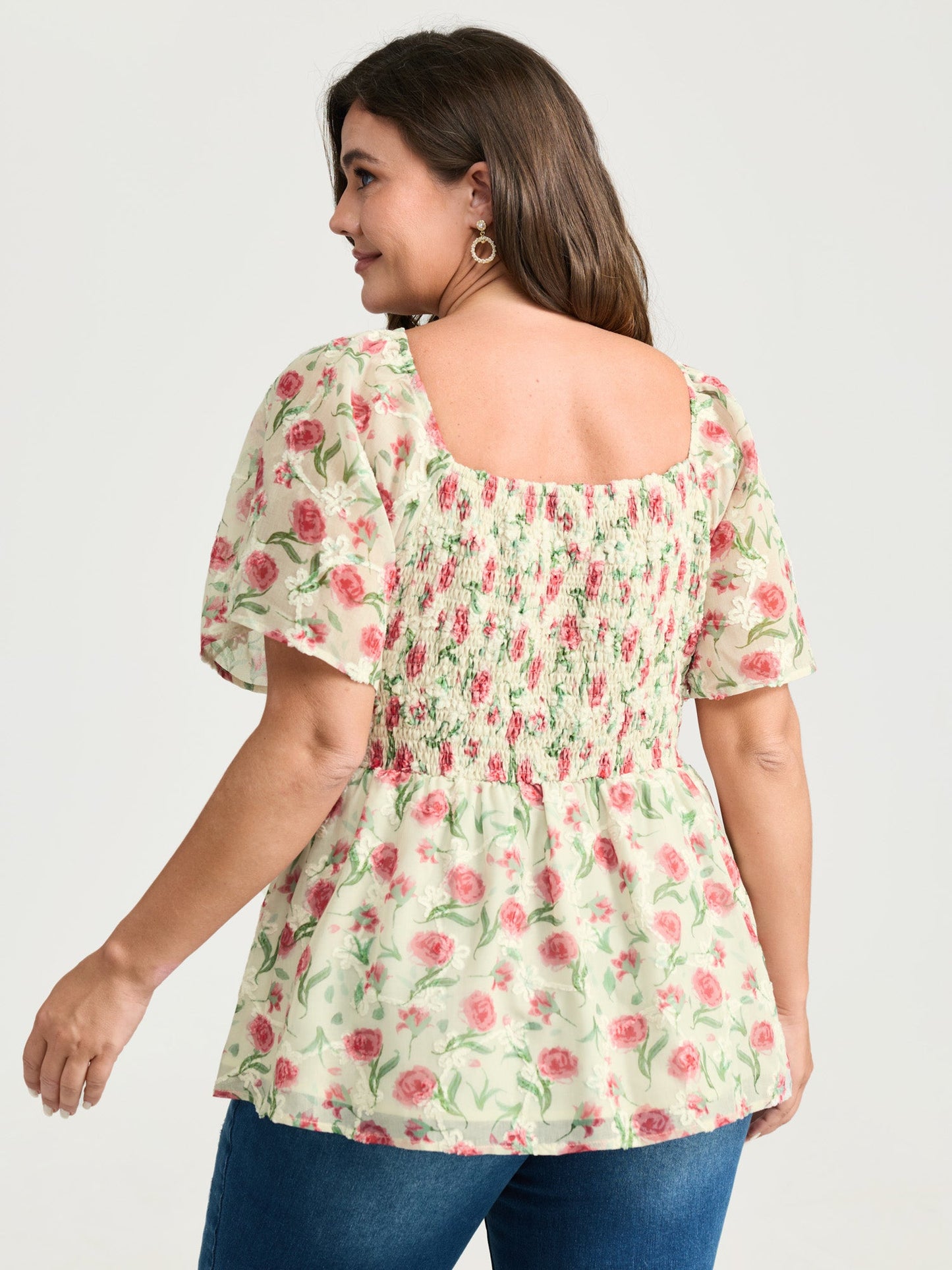 Rosy Floral Print Sweetheart Neckline Shirred Blouse