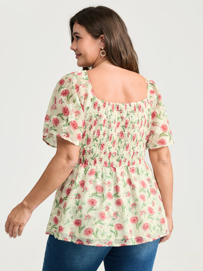 Rosy Floral Print Sweetheart Neckline Shirred Blouse