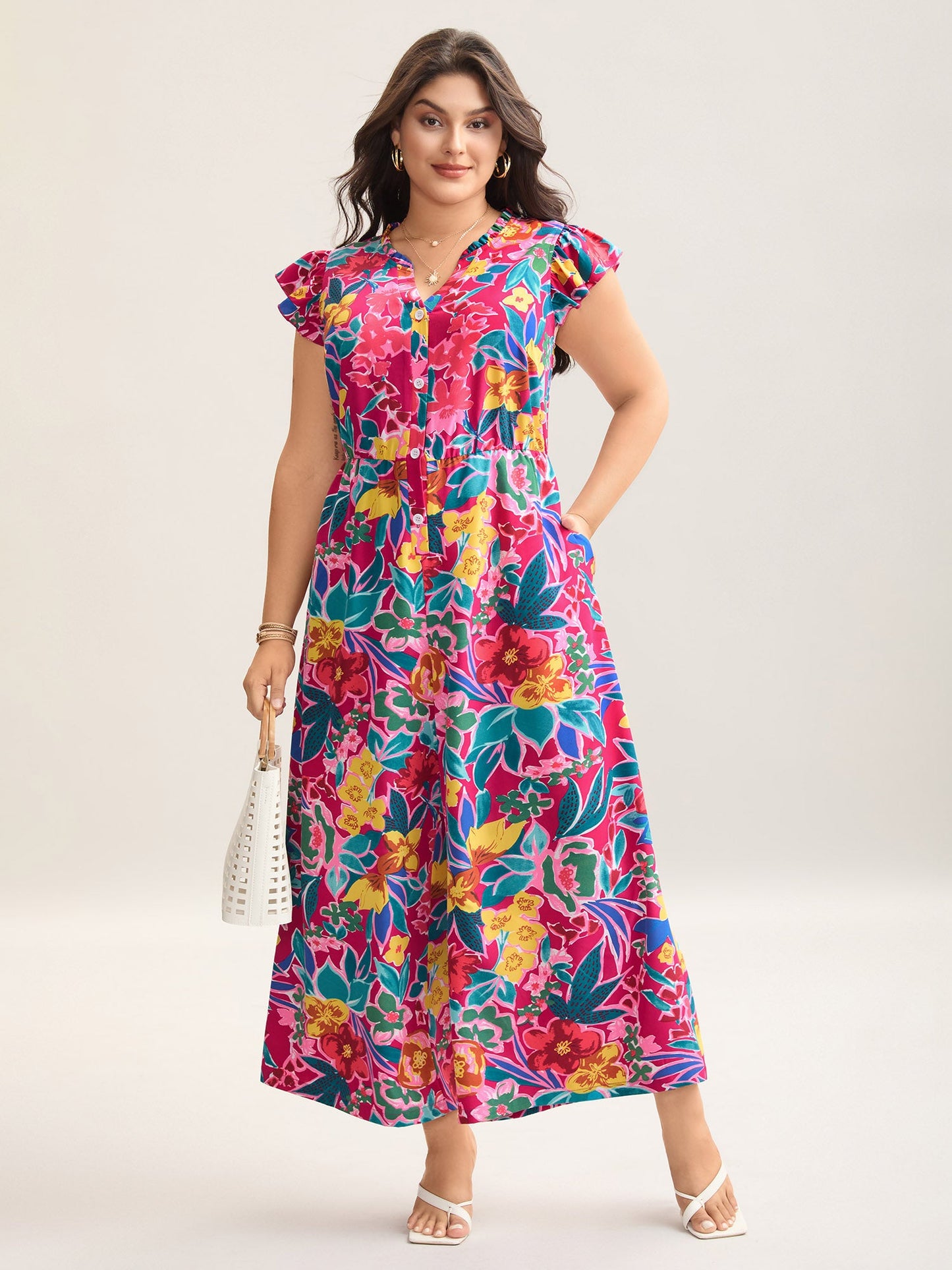 plus size Sunkissed Floral Print Button Wide-Leg Jumpsuit