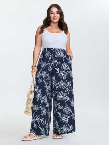 Floral Print Pull-On Wide-Leg Pants