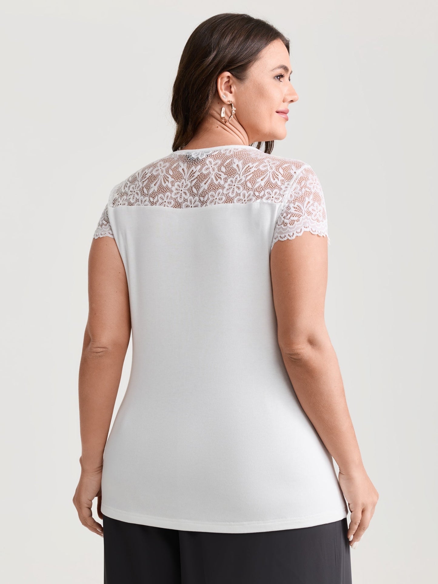 Sheer Lace Neckline Shirred Knit Top