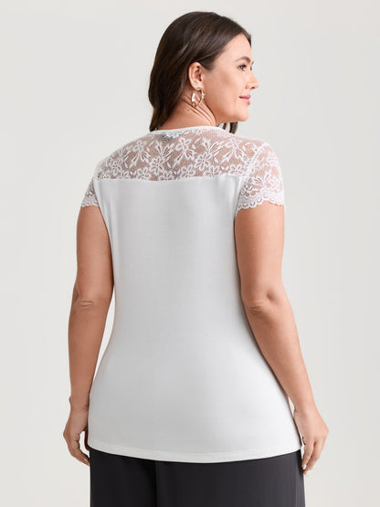 Sheer Lace Neckline Shirred Knit Top
