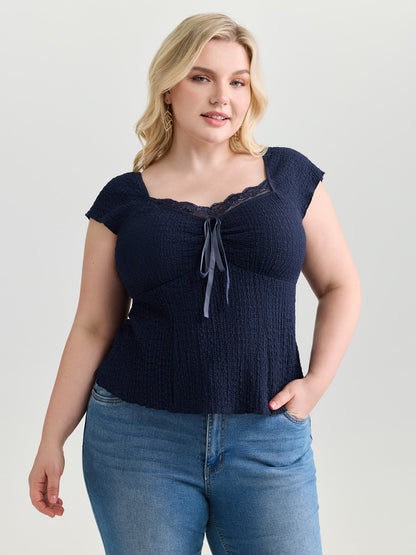 Textured Lace Trim Drawstring Fitted Top