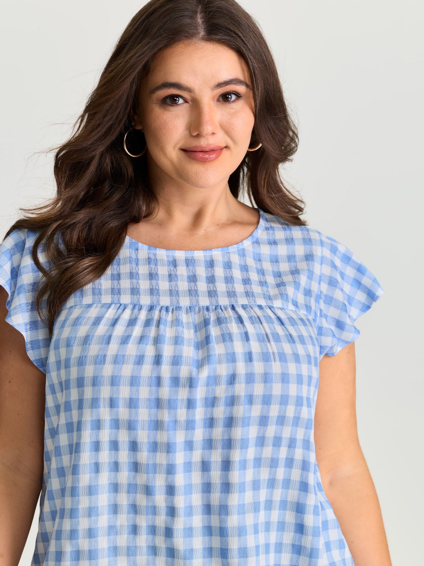 Gingham Print Ruffled Sleeve Pleated Blouse