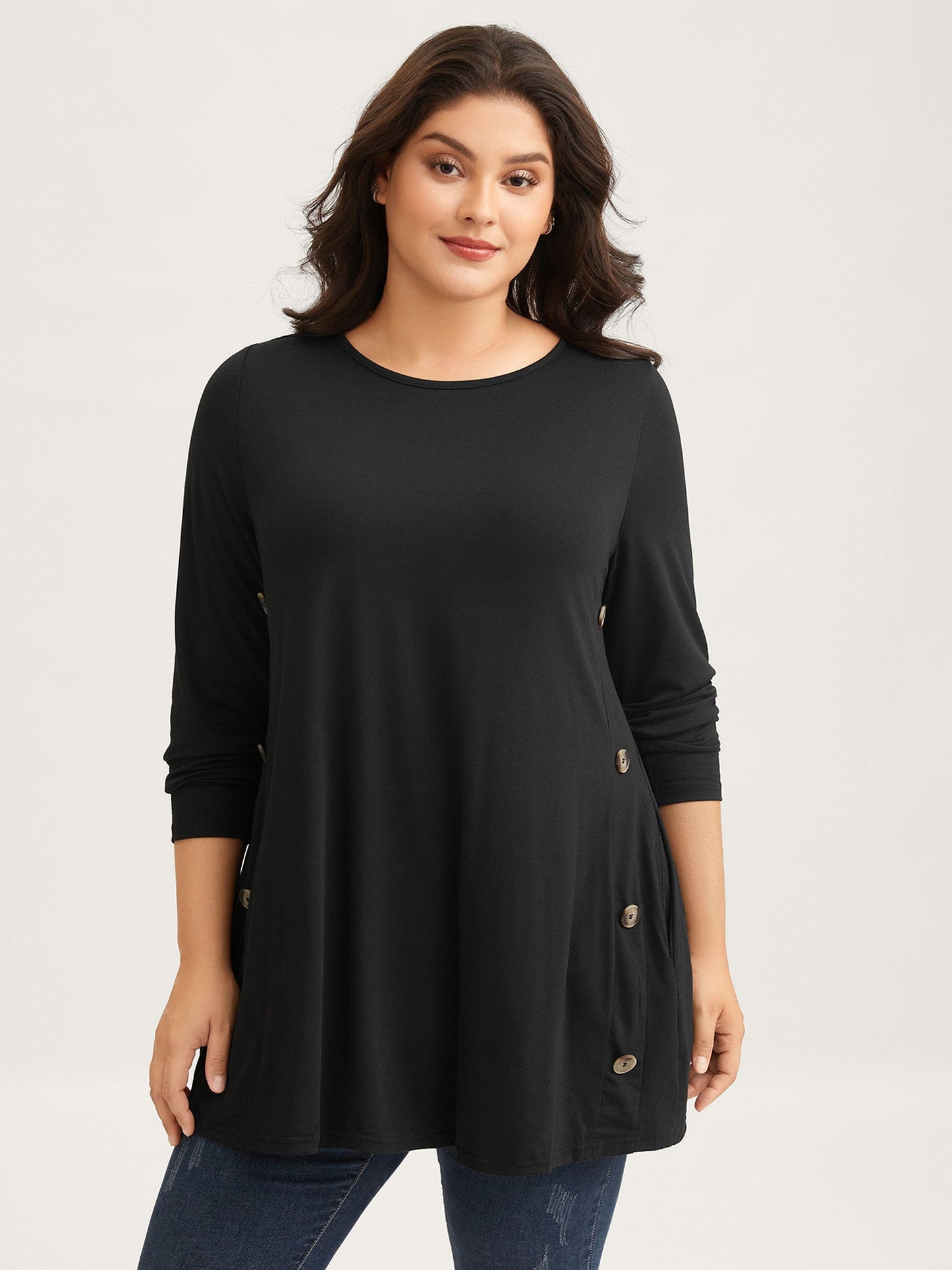 Round Neck Button Slim-Fit Knit Top