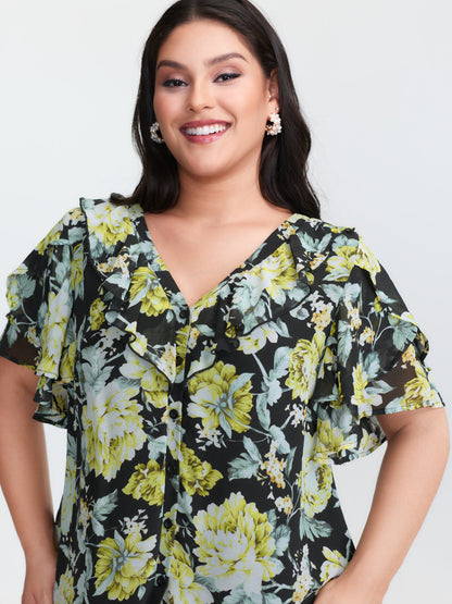 Floral Print Ruffled Edges Blouse
