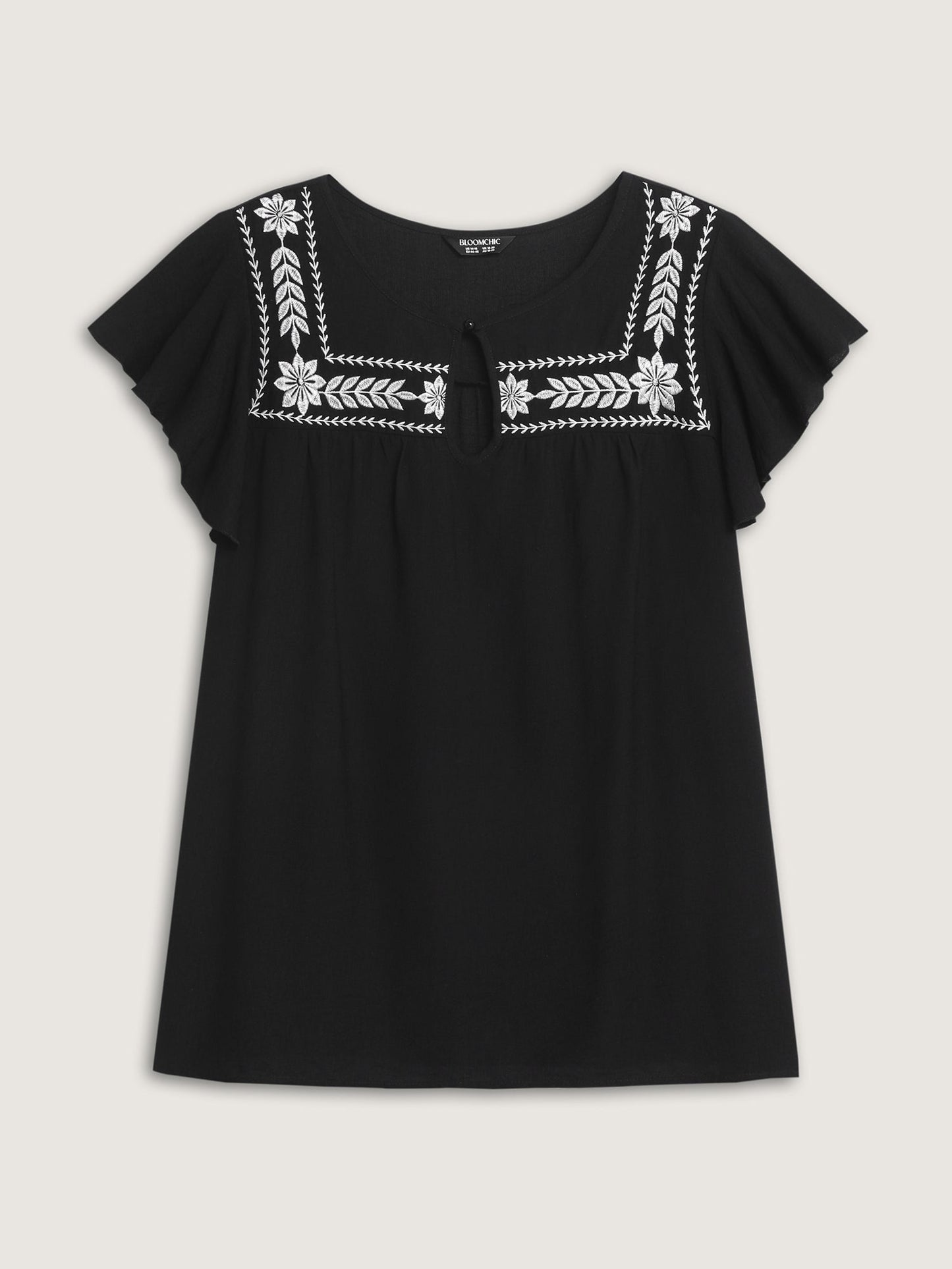 Embroidered Neckline Flutter Sleeve Blouse