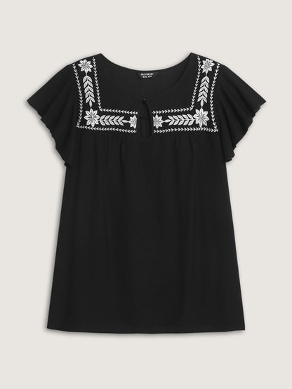 Embroidered Neckline Flutter Sleeve Blouse