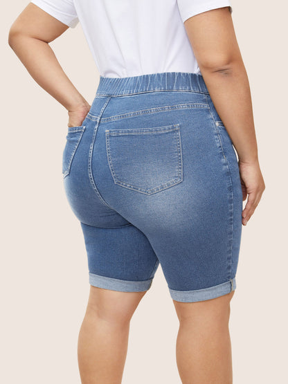 Pull-On Folded Hem Knee-Length Denim Shorts