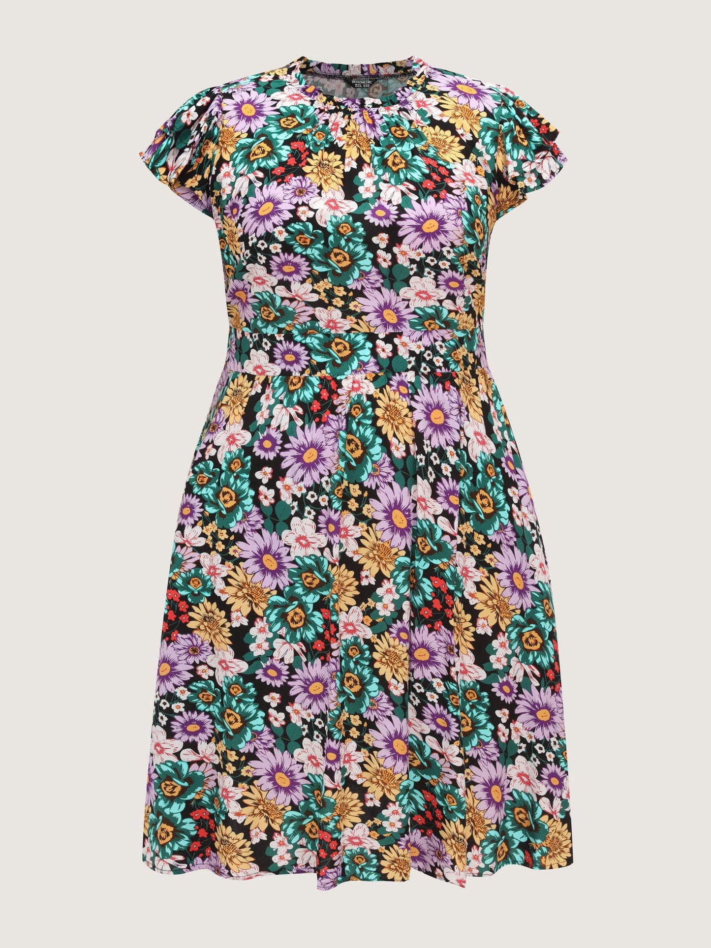 Vibrant Floral Print Ruffled Neckline Mini Dress