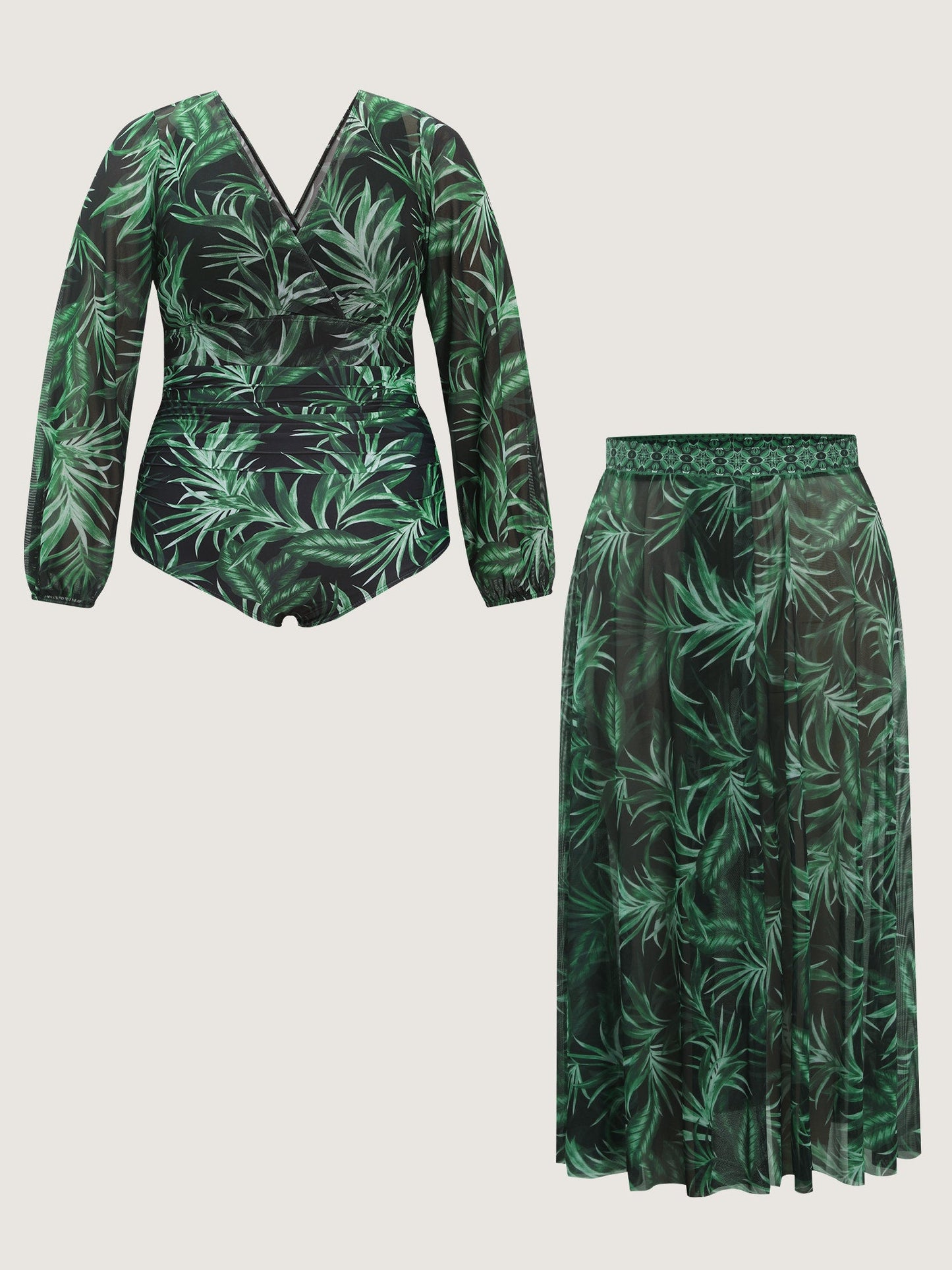 Tropical Plant Print One-Piece Swimsuit Set