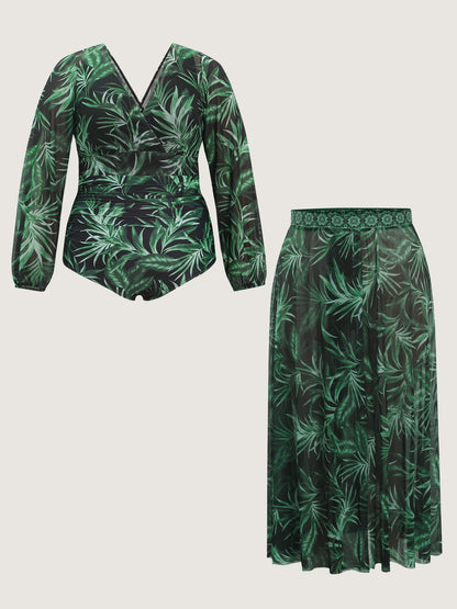 Tropical Plant Print One-Piece Swimsuit Set