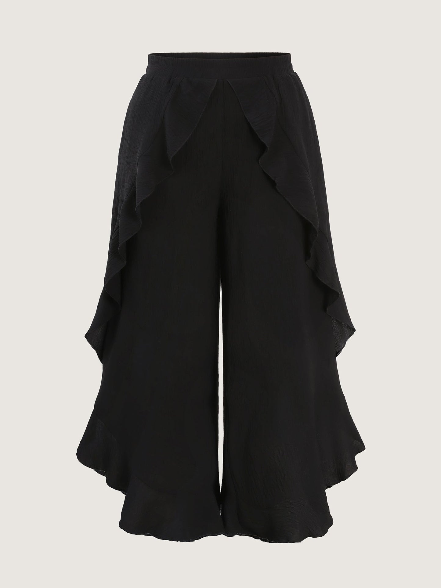 Stretchy Ruffled Trim Wide-Leg Pants