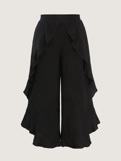 Stretchy Ruffled Trim Wide-Leg Pants