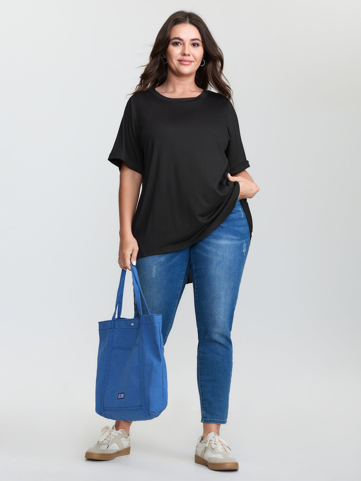 Stretchy Round Neck Rolled Cuff Sleeve T-Shirt