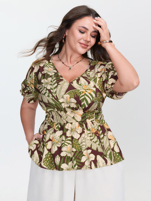 Floral Print Cinched-Waist Blouse