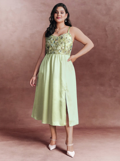 Sequin Floral Embroidered Satin Slit Hem Midi Dress
