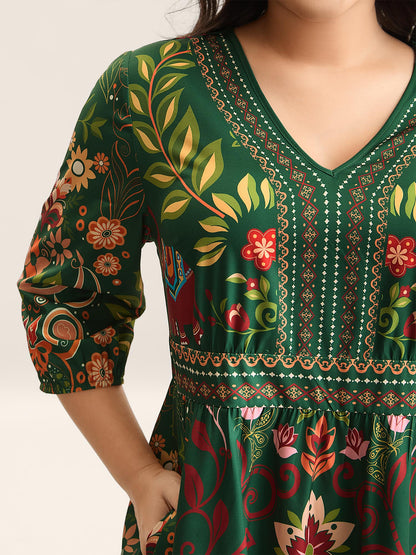 Boho Print V-Neck Pockets Mini Dress