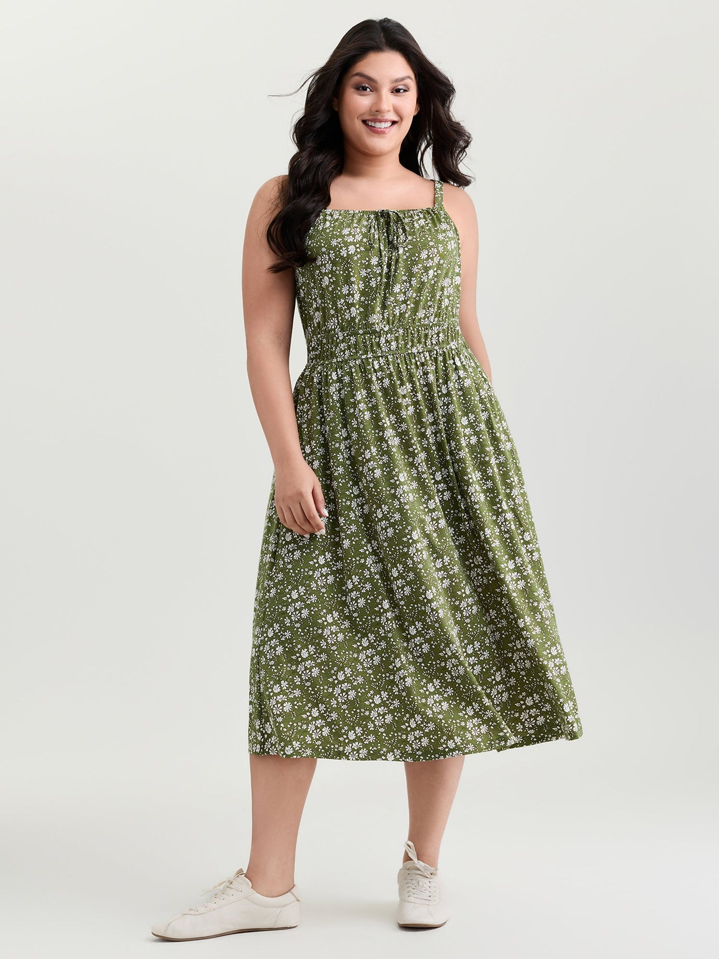 Dense Floral Print Cinched-Waist Midi Dress