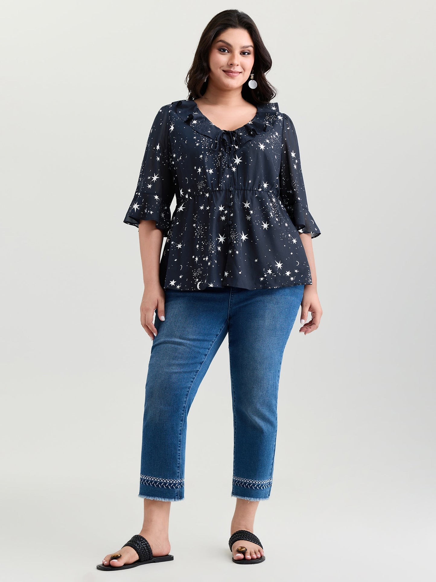 Gold Stamped Floral Print Lotus Leaf Blouse