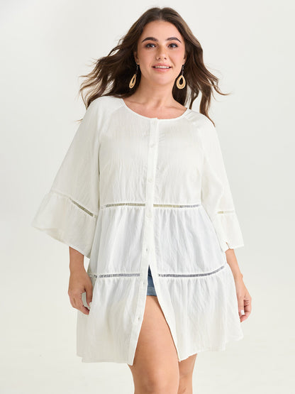 Supersoft Lace Trim Tiered Plain Open-Front Shirt